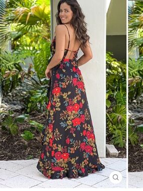 Sweet Lemon silky Maxi Dress with Red & Green Blooms Sz M NWoT